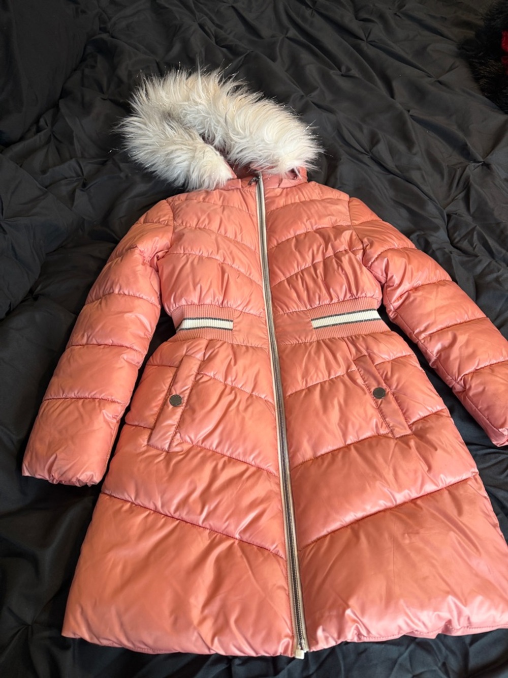 Michael Kors Kids Coral Puffer Coat with Faux Fur Hood